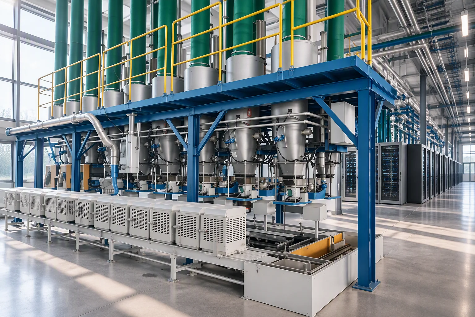 Wide liquid cooling hall with rows of racks and overhead pipework receding out of focus
