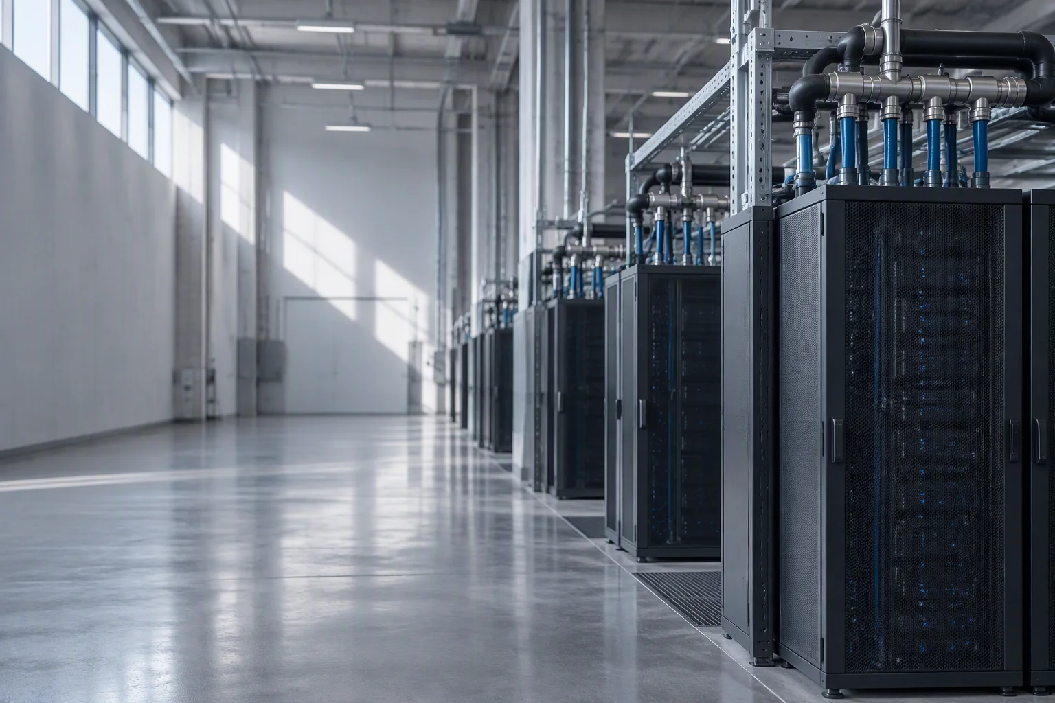 Colocation white space with rack rows carrying overhead manifolds, the service aisle empty