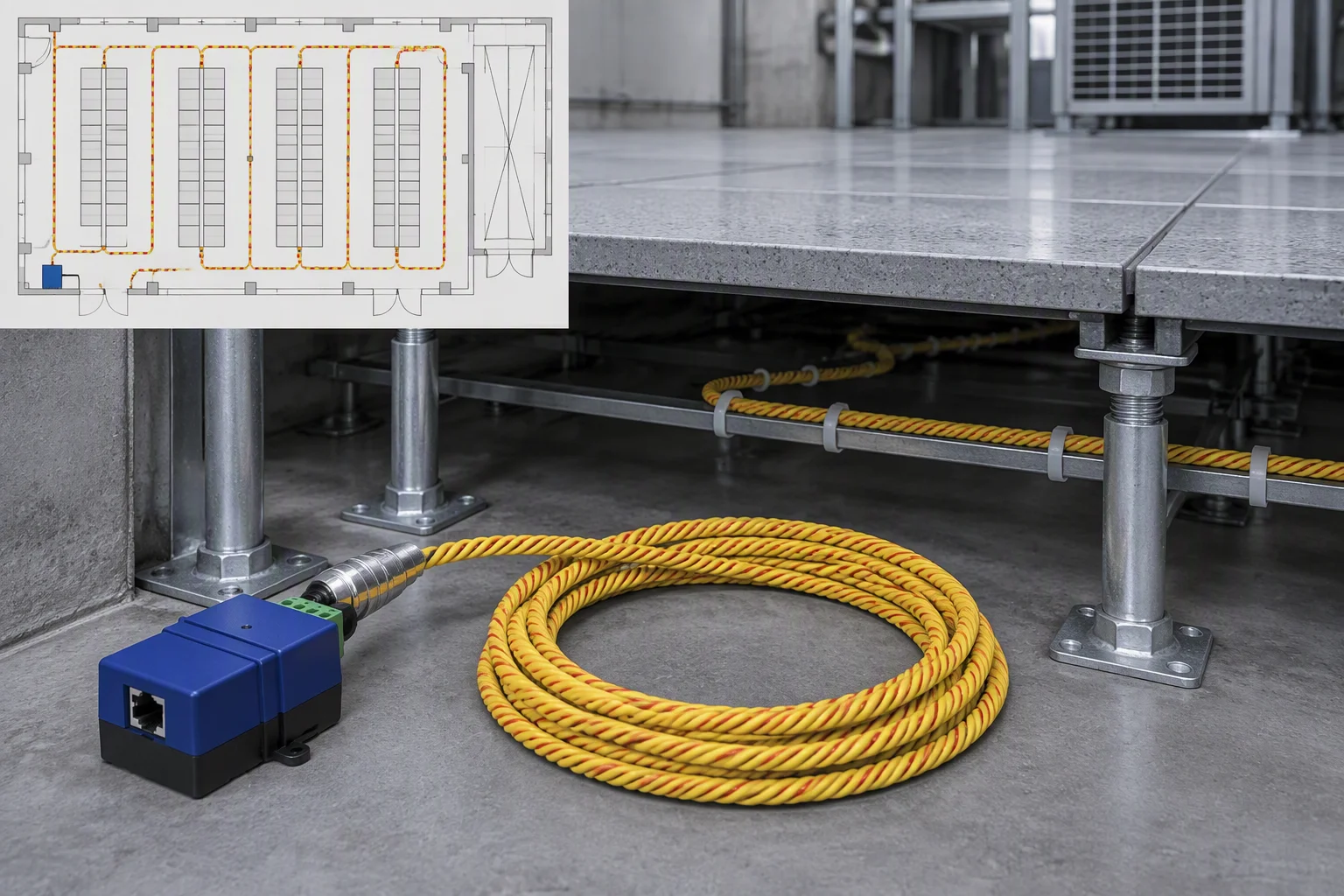 Leak detection sensing cable routed under a raised floor with its securing clips visible