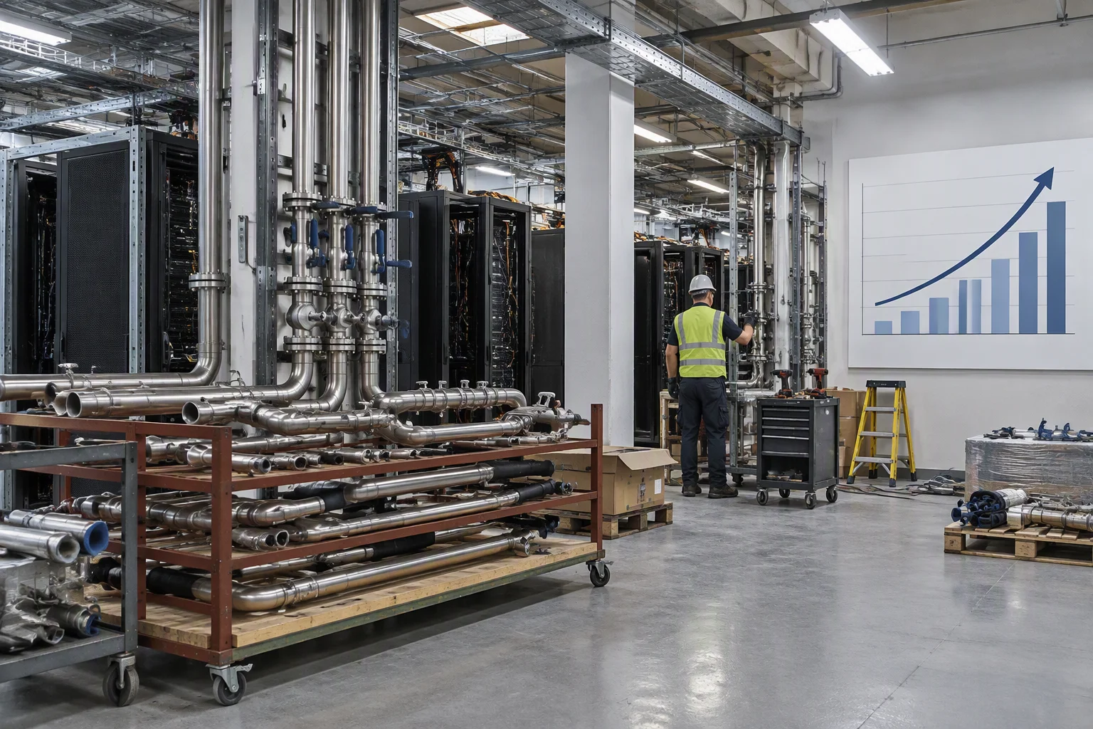 Existing data hall mid-retrofit with open floor panels and newly run cable trays