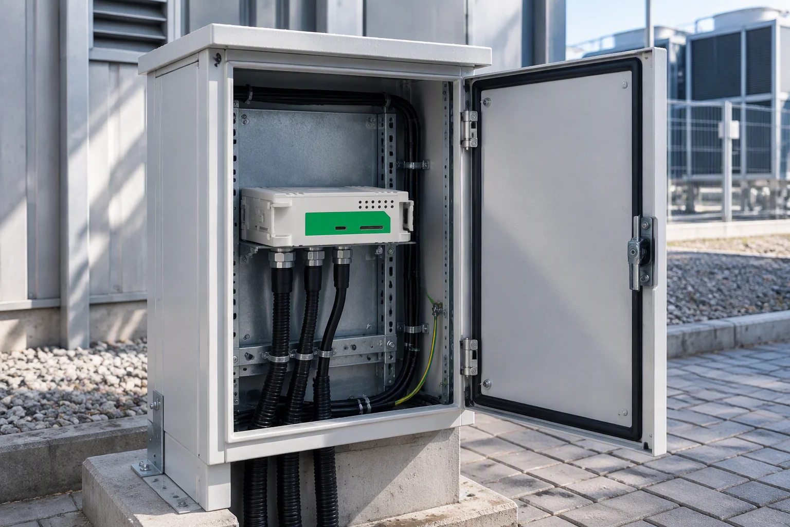 Weatherproof street cabinet at the edge of a paved area with its service door ajar and cabling entering from below