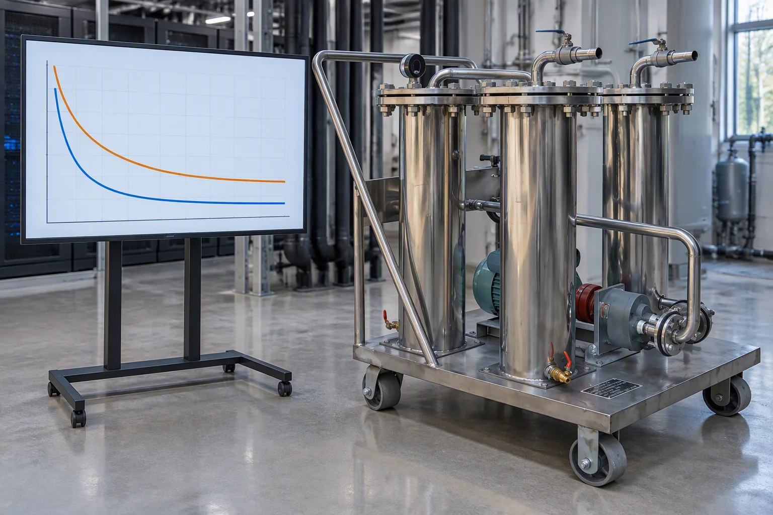 Multi-housing filtration skid on a production floor, housings and pipework filling the frame