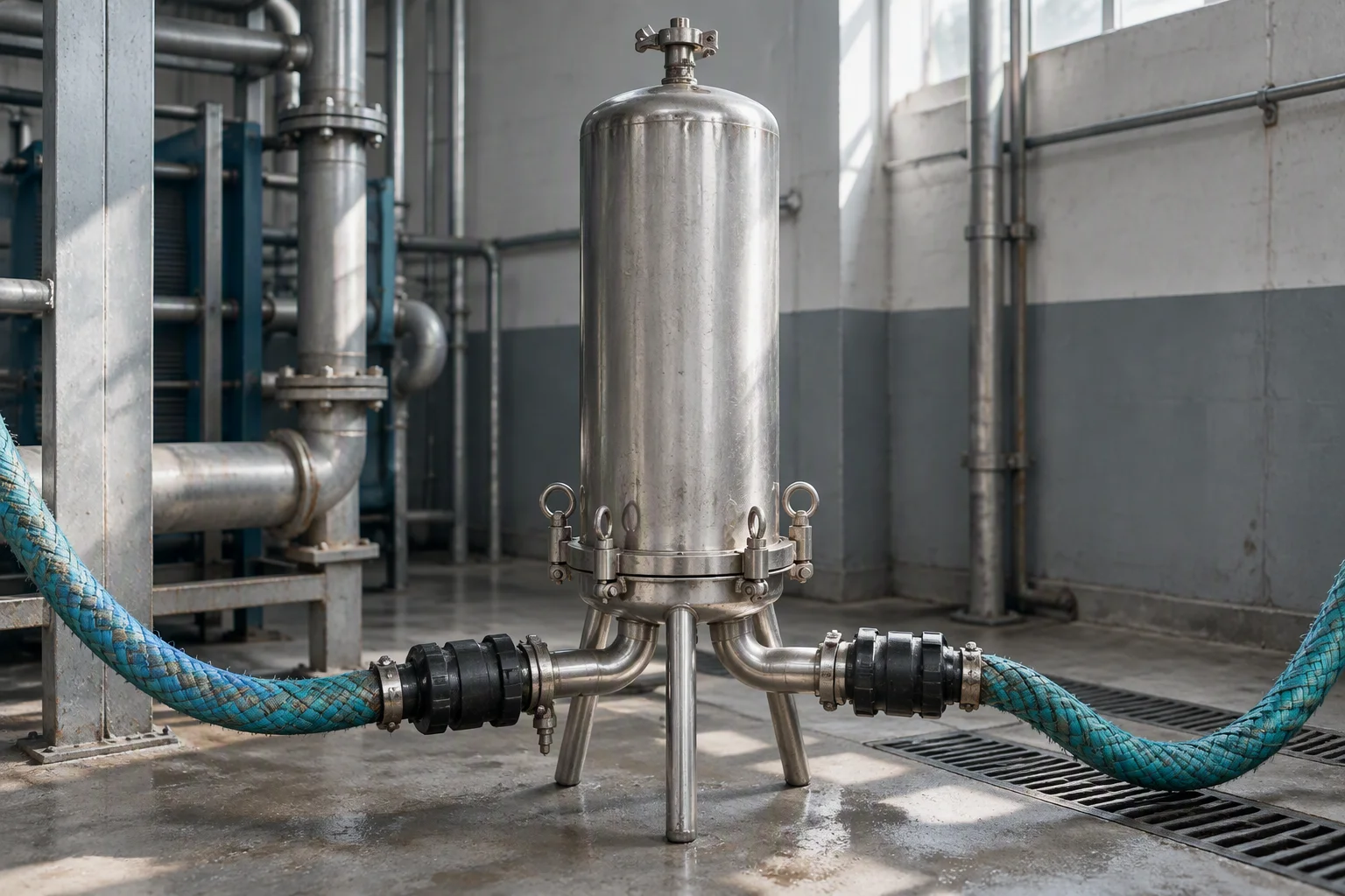 A blue braided hose run crossing a plant-room floor and landing on a stainless filter vessel through black rubber couplings