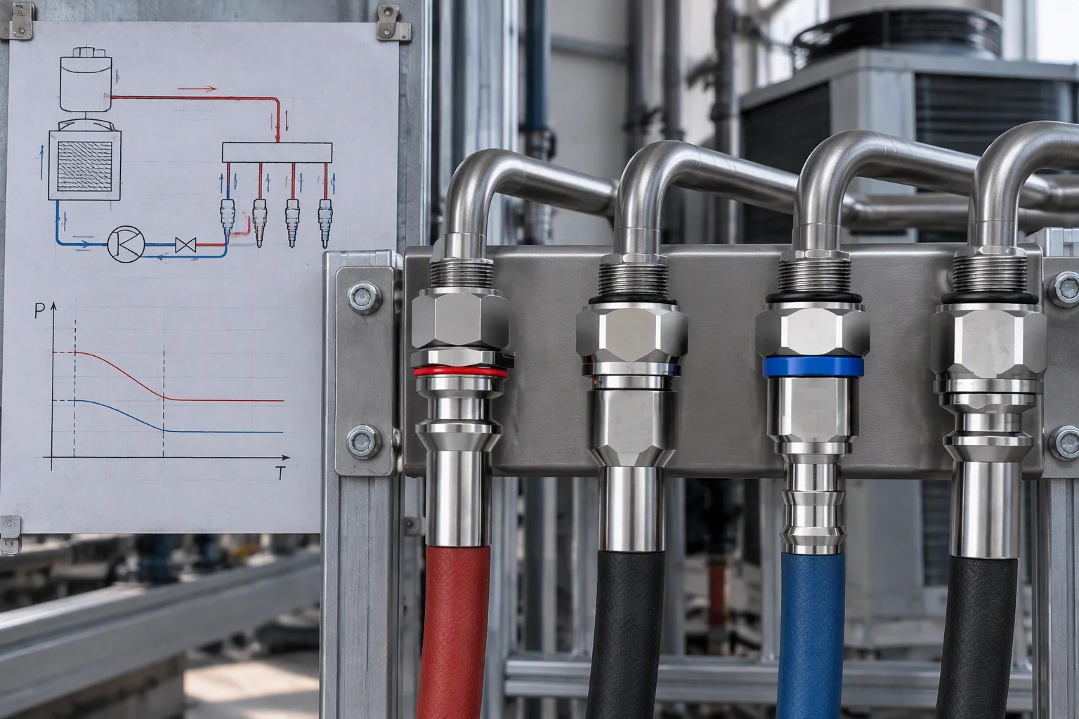 Stainless steel quick-disconnect couplings mounted on a rack manifold