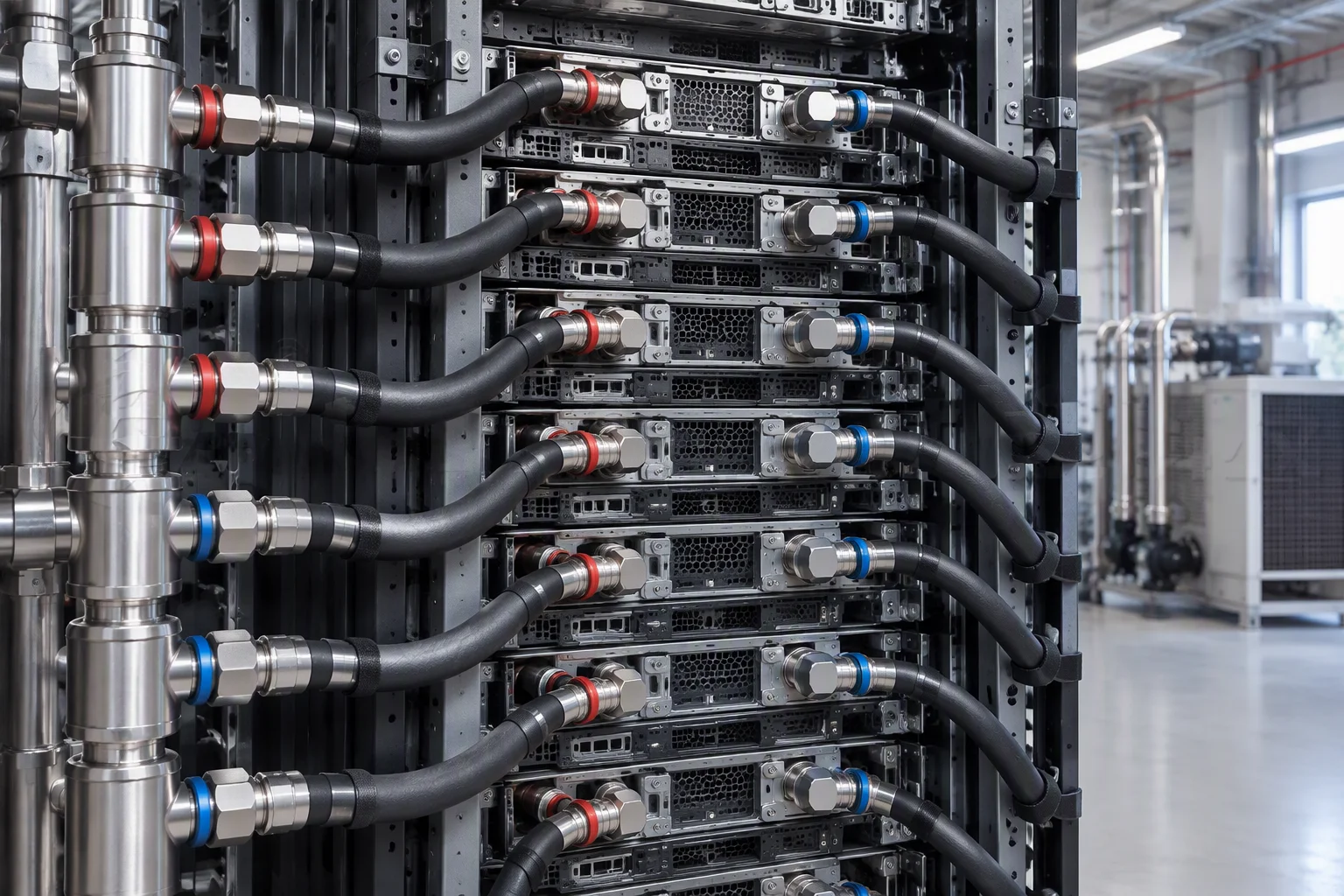 Dense GPU rack with rear manifolds and jumper hoses filling the frame