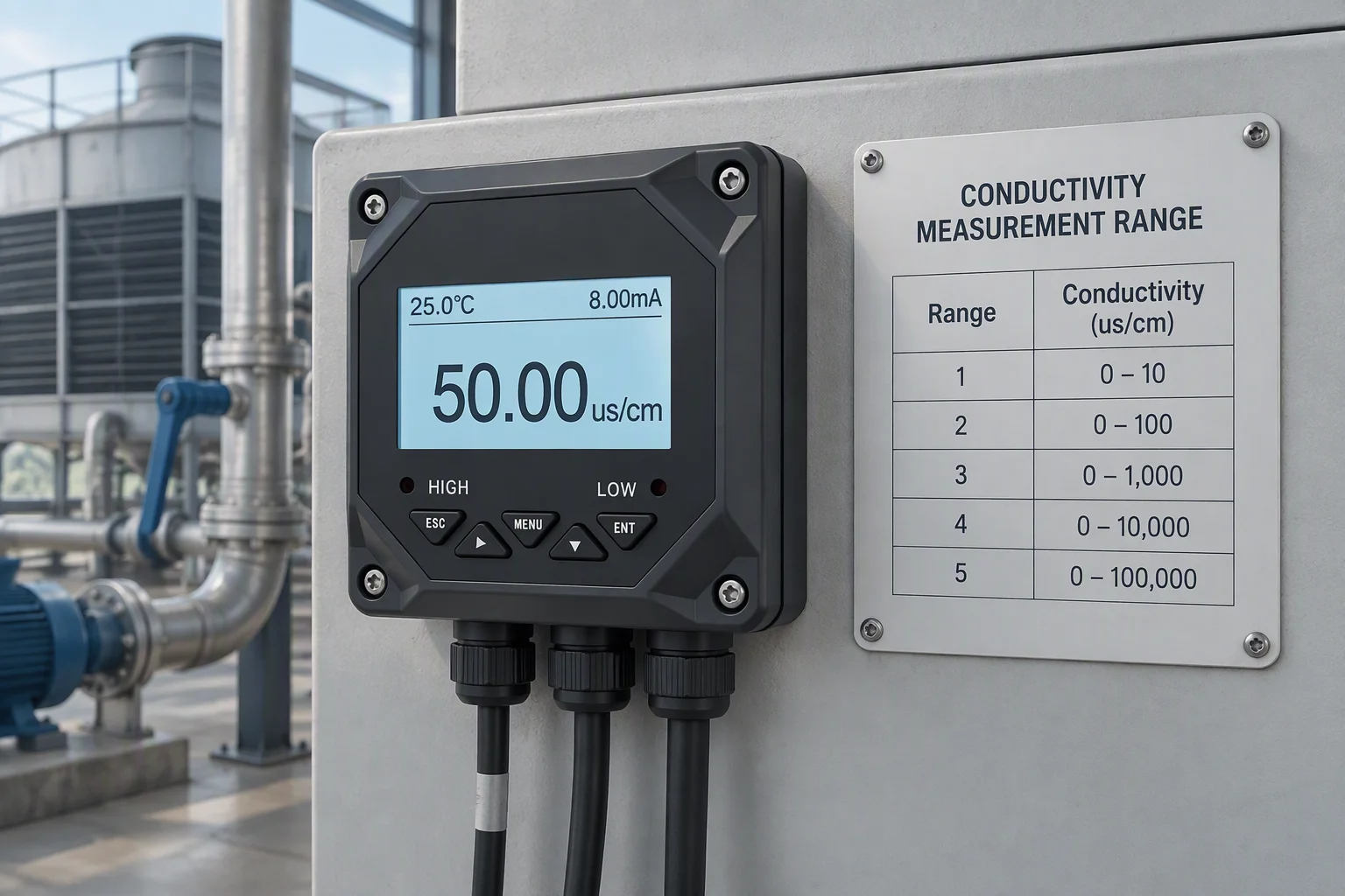 Panel-mounted conductivity controller on a fabrication instrument panel, sensor cable leaving the enclosure