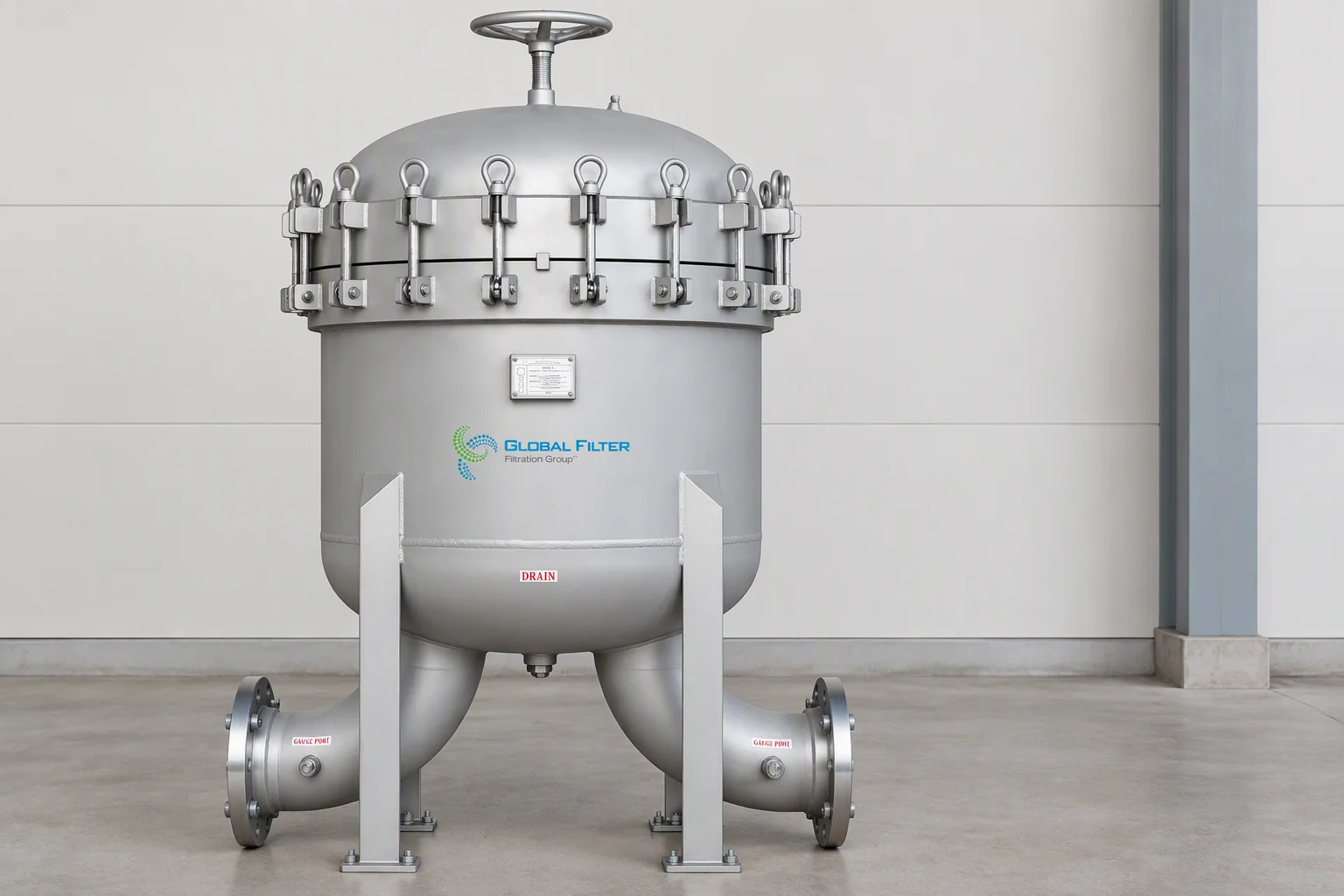 Portable side-stream filtration cart with its differential-pressure gauge and hose connections