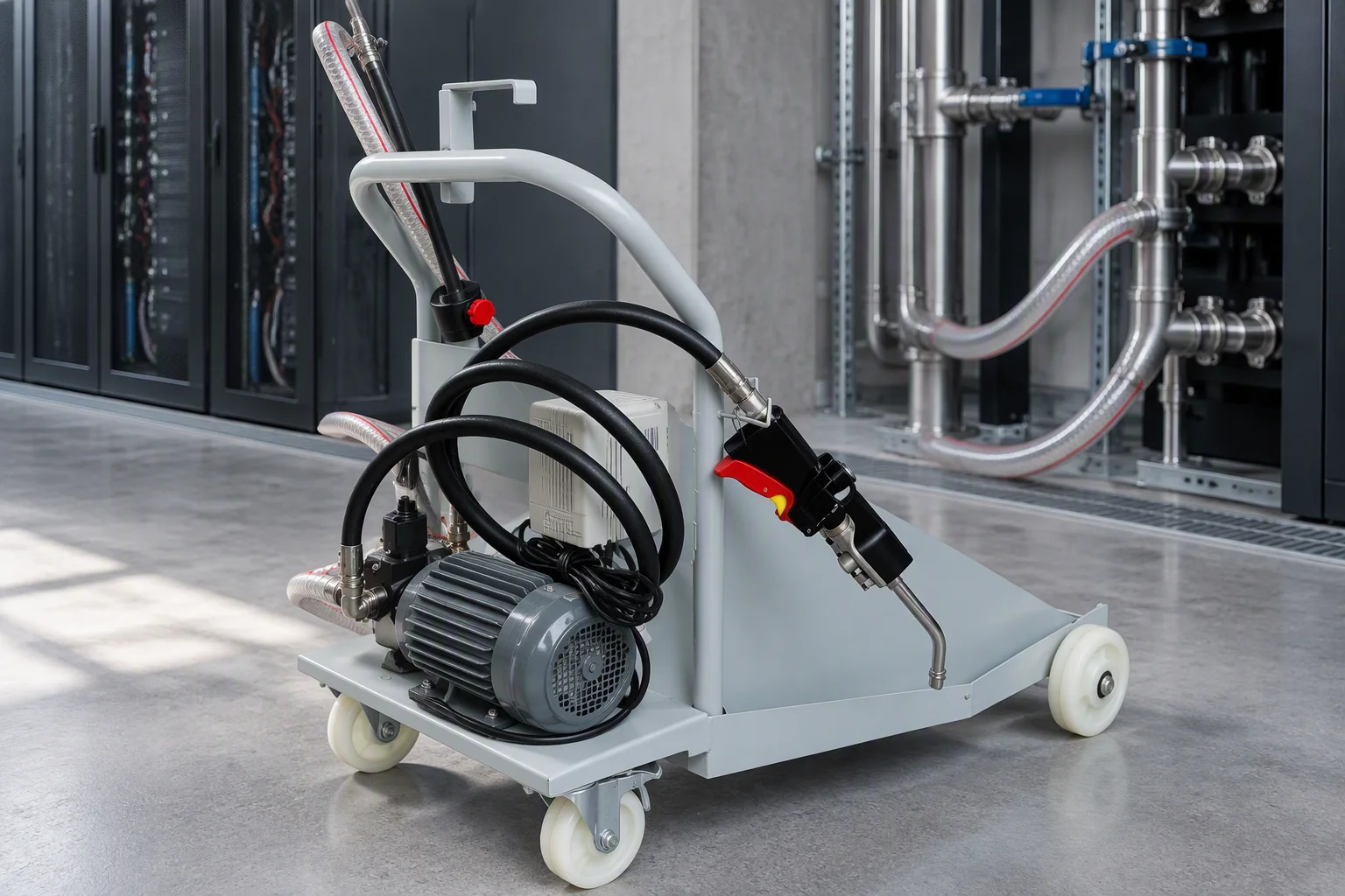 Fill cart connected to a manifold during commissioning with hoses routed and a sample bottle on the deck
