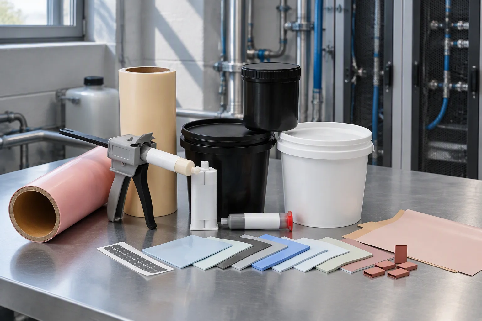 Maintenance bench holding a thermal pad sheet, a grease cup and a folded drawing