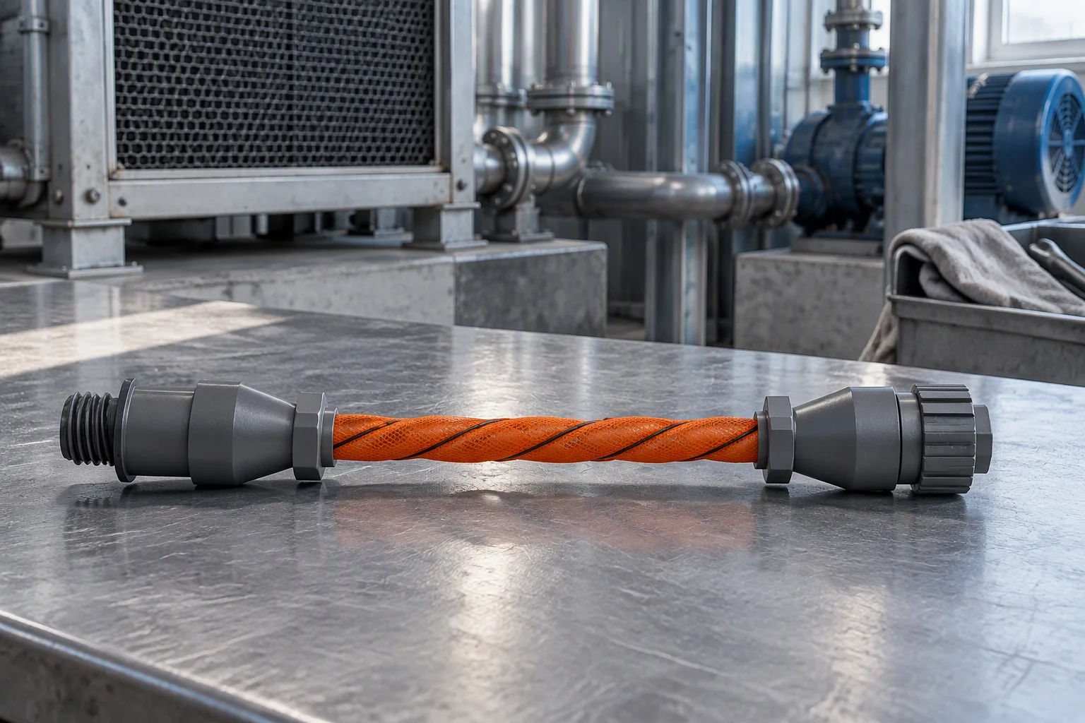 Coiled conductive leak detection sensing cable with its moulded connector on a workbench