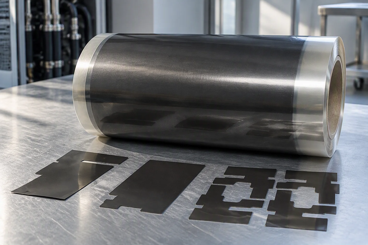 Phase-change sheet laid on a cold plate with its backing partly peeled back and the edge thickness of the sheet visible