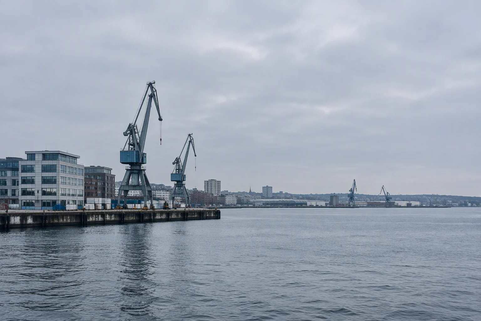 A waterfront seen at city level, with gantry cranes and an office block on the quay and a container terminal and low city skyline across the water under an overcast sky