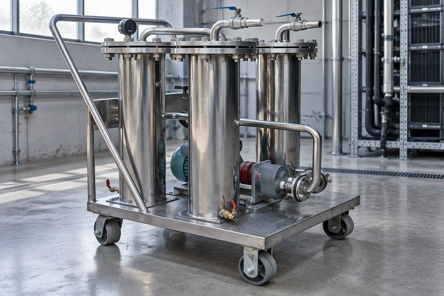 Piped side-stream filtration vessel mounted on a secondary loop header, with the skid pipework in frame