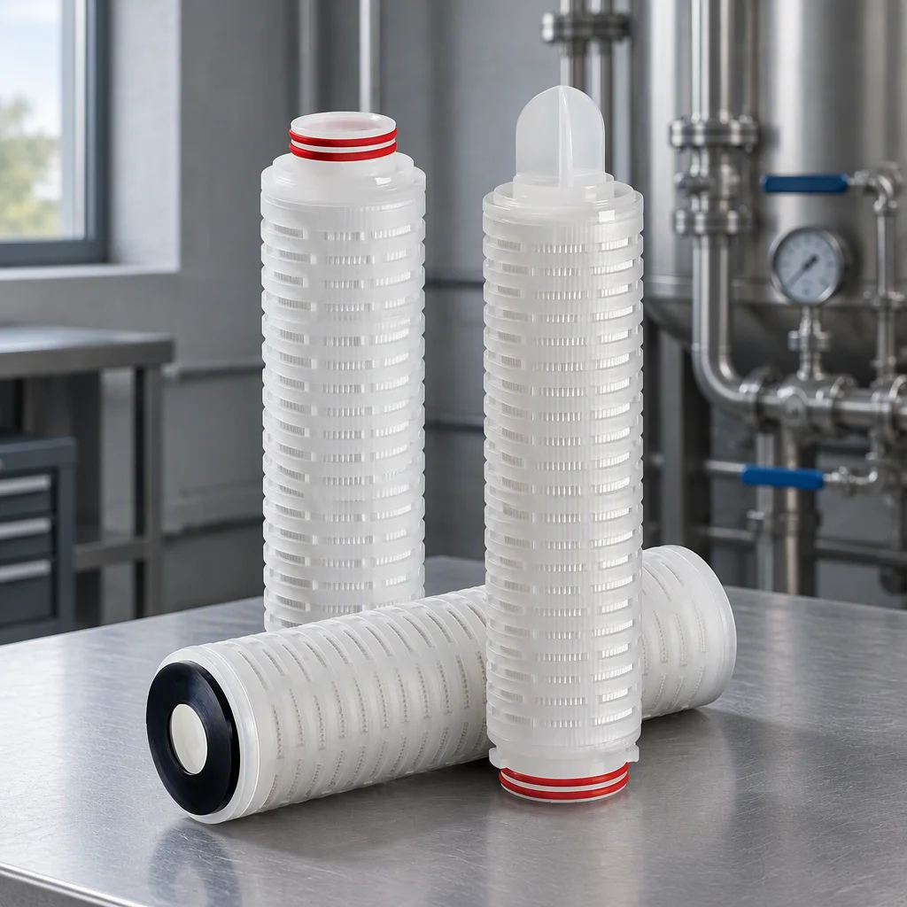 Pleated polypropylene filter cartridge standing upright on a bench, end caps and pleat pack visible