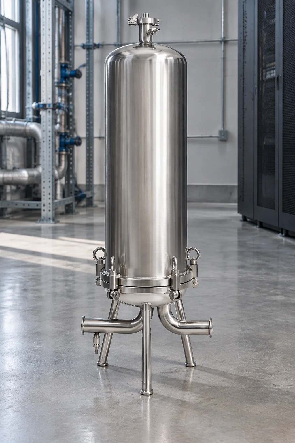 Filter housing opened with the element part-lifted, showing the seal face and the housing bore