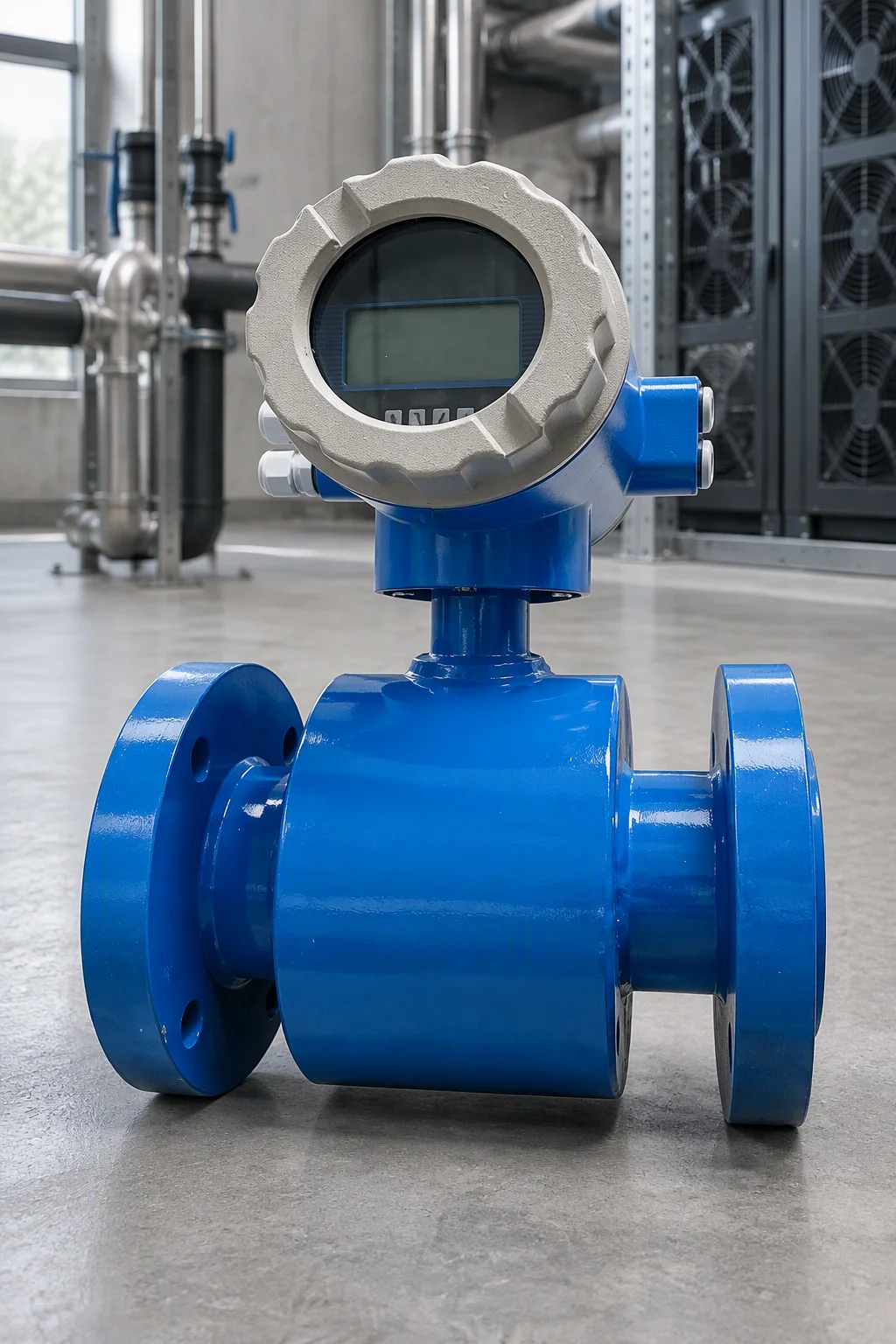 An electromagnetic flow meter resting on a plant-room floor with its flanges open and its display unlit