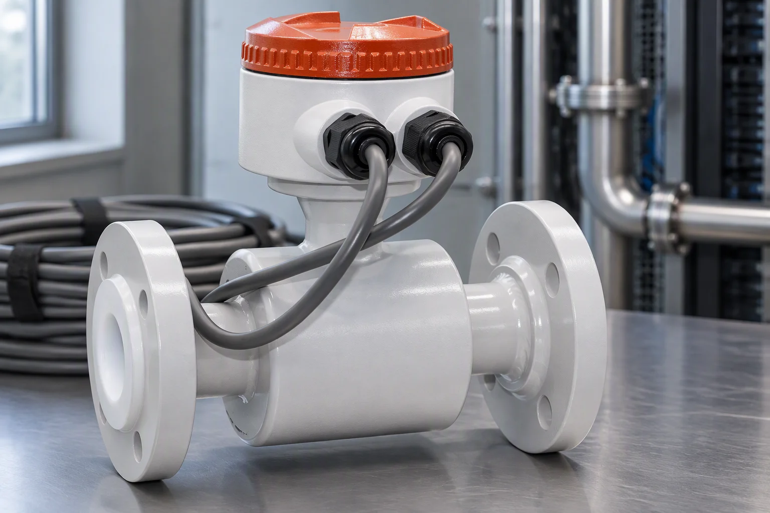 Electromagnetic flow meter with its grounding rings and liner visible, standing on a work surface