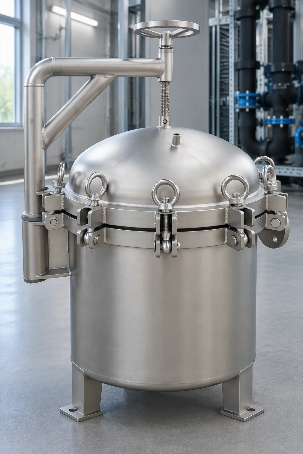 A stainless multi-bag filter vessel standing free on four feet, its swing-bolt closure and handwheel in view and its pipework not yet connected