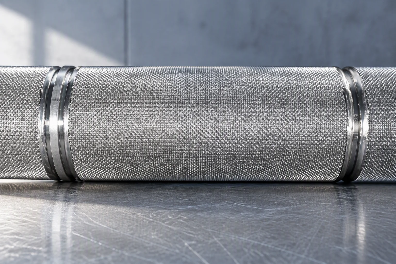 Sintered woven wire mesh tube at magnification, showing the bonded weave structure of the filter cloth