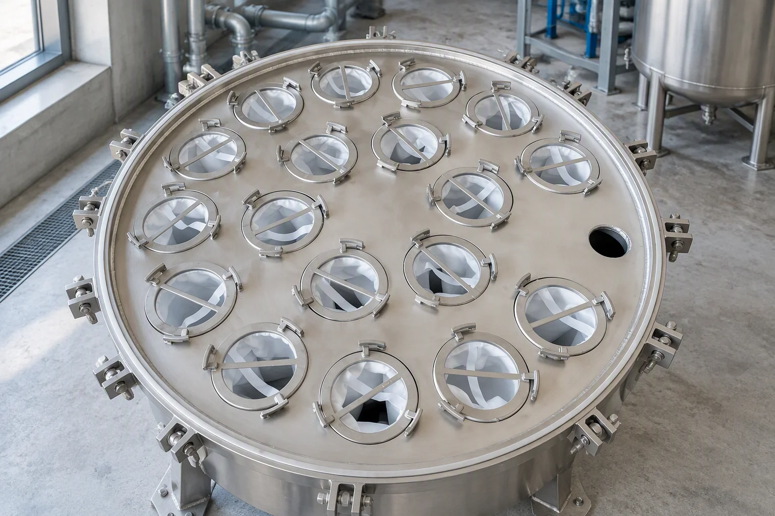 Stainless multi-bag filter housing tubesheet photographed on its own, standing free of any cabinet