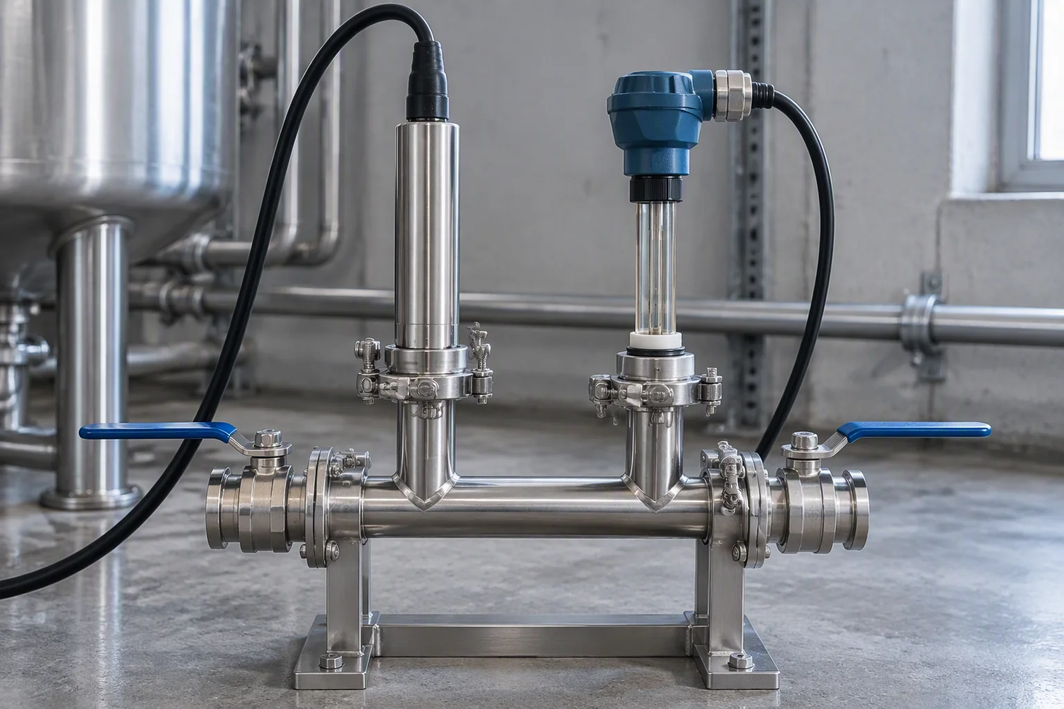 Two water-quality instruments on one stainless bypass rack: a tall cylindrical conductivity cell and a glass-bodied sensor with a blue head, each on its own stub with a cable gland