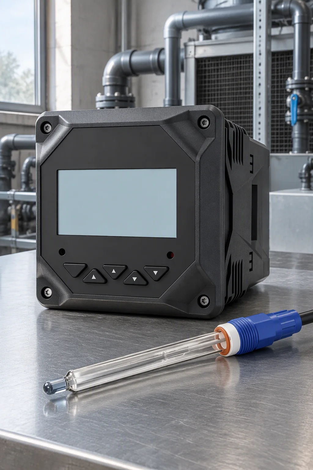 Handheld refractometer reading a glycol sample against the light, prism and scale visible