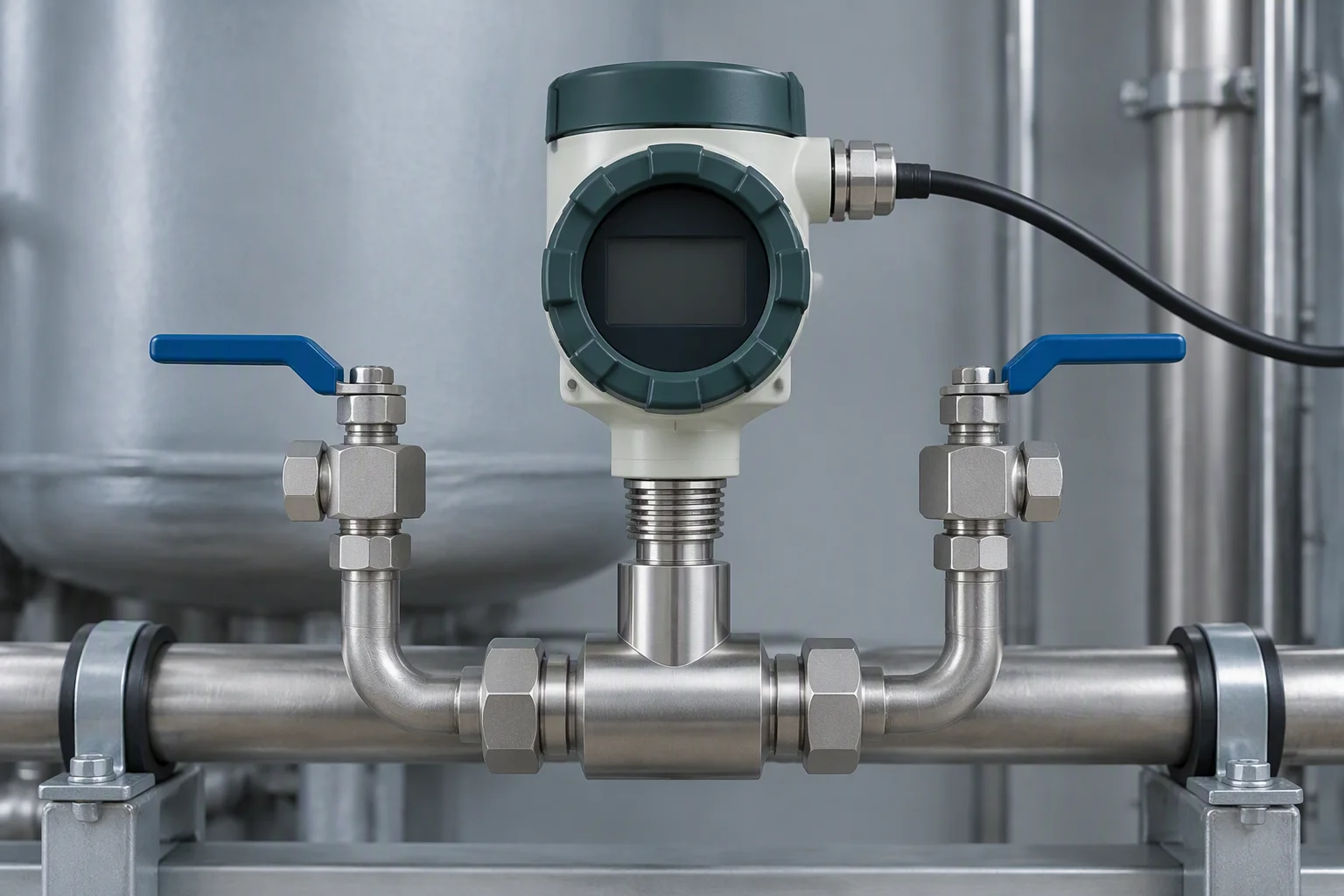 A single inline instrument with a dark bezel ring and an unlit display, mounted on a short stainless bypass with a blue-handled ball valve either side