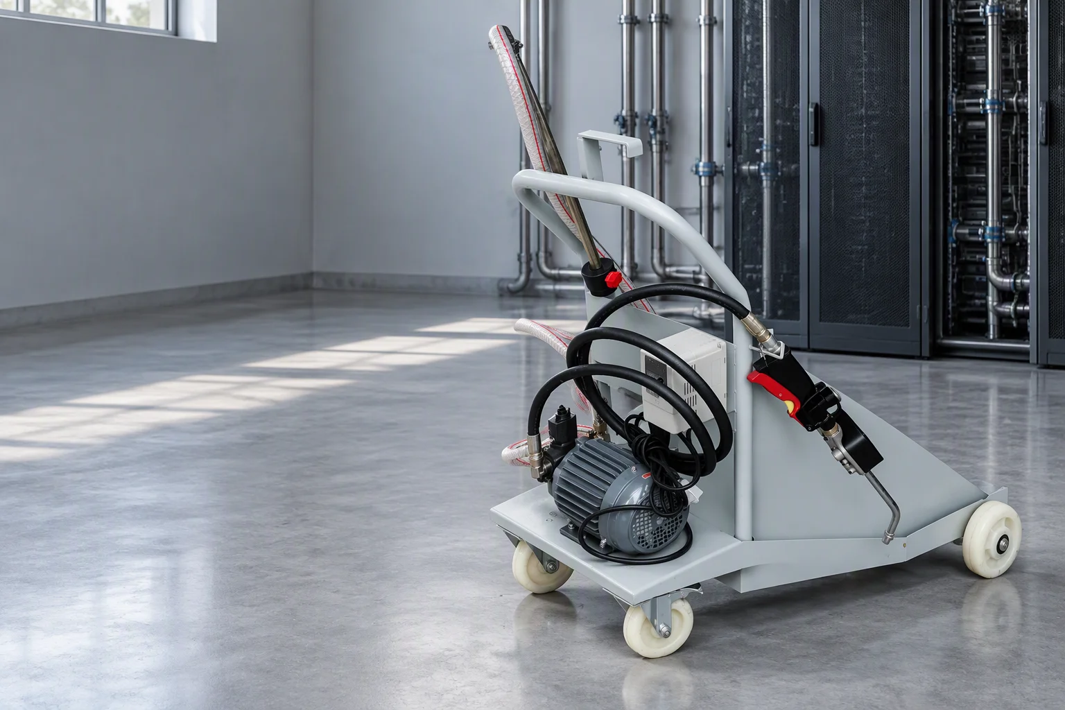 A grey coolant fill cart with a blower unit on a plantroom floor, its hose run leaving the frame before it reaches a manifold
