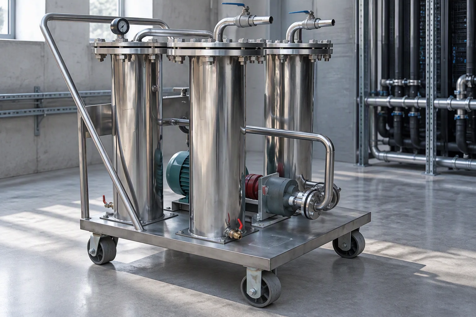 A side-stream filtration skid with its pump, filter vessel and differential-pressure gauge on a plantroom floor