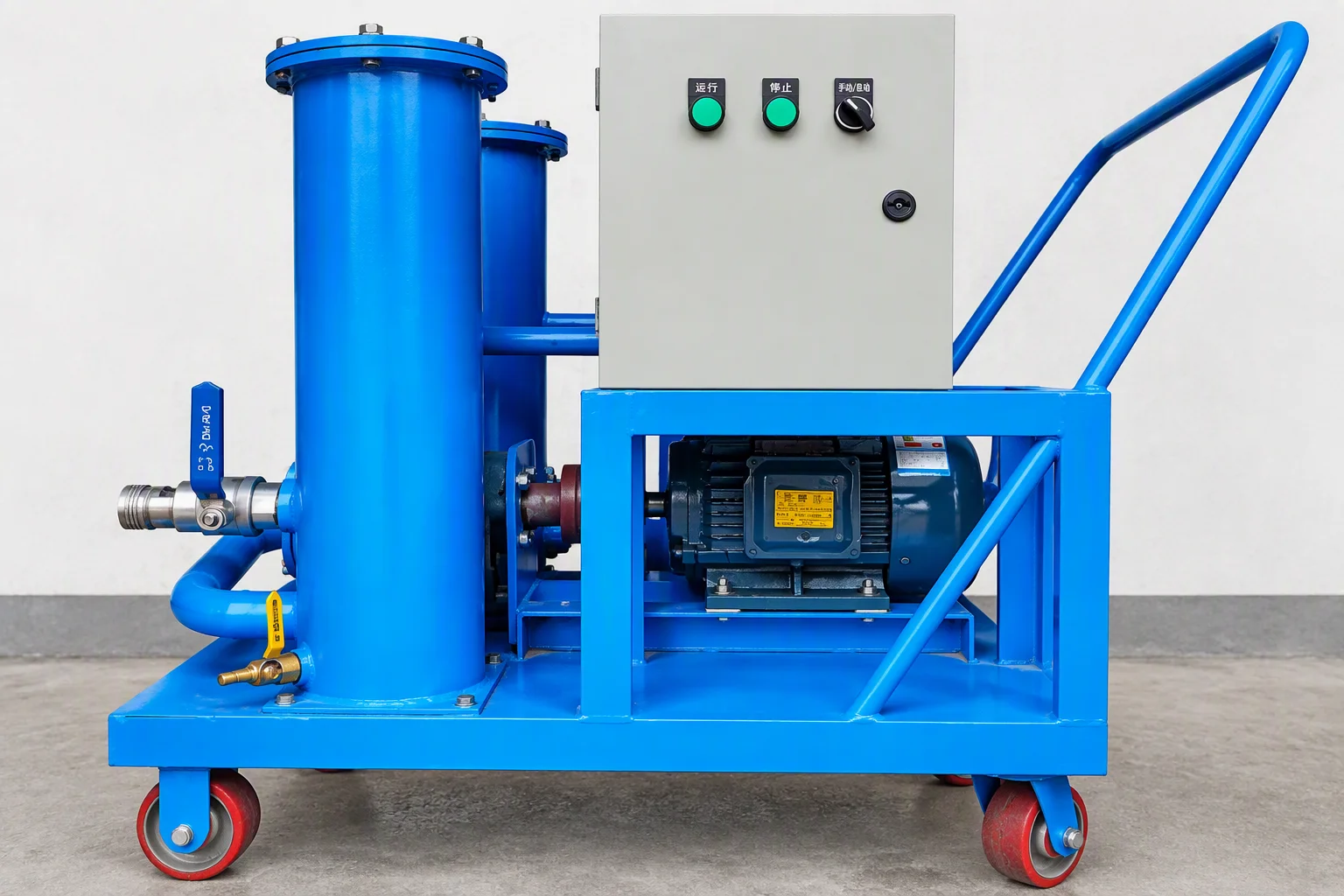 A flushing skid connected to a row manifold with hoses landed and a strainer housing beside the pump