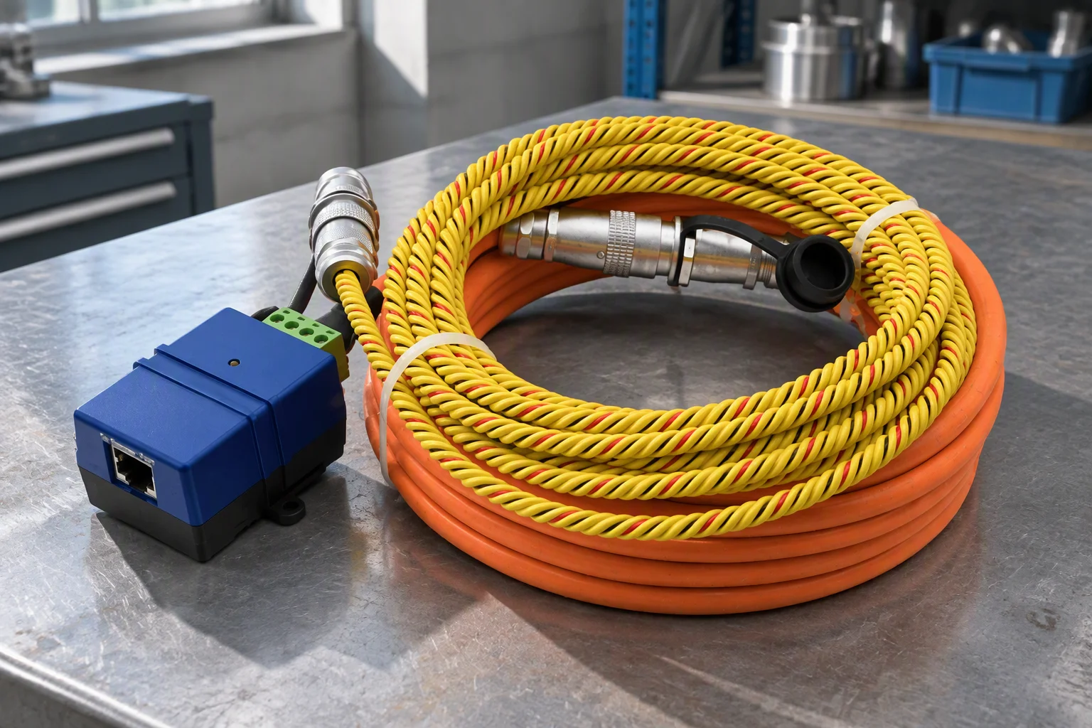 Secondary loop assembly on a bench, with the supply and return manifolds and a jumper hose run in view