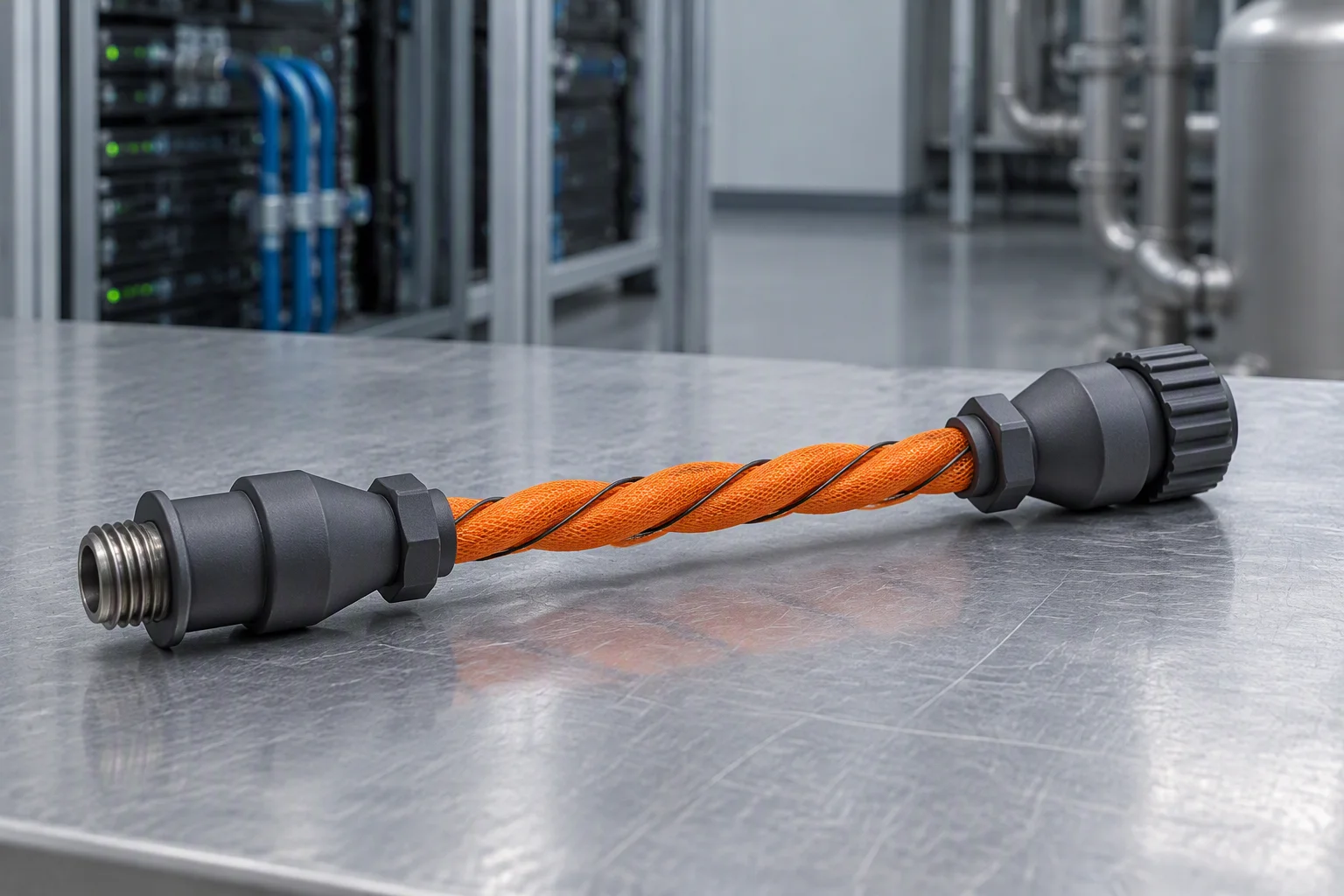 Secondary loop in service, with pipework, a pump skid and a run of sensing cable entering the frame