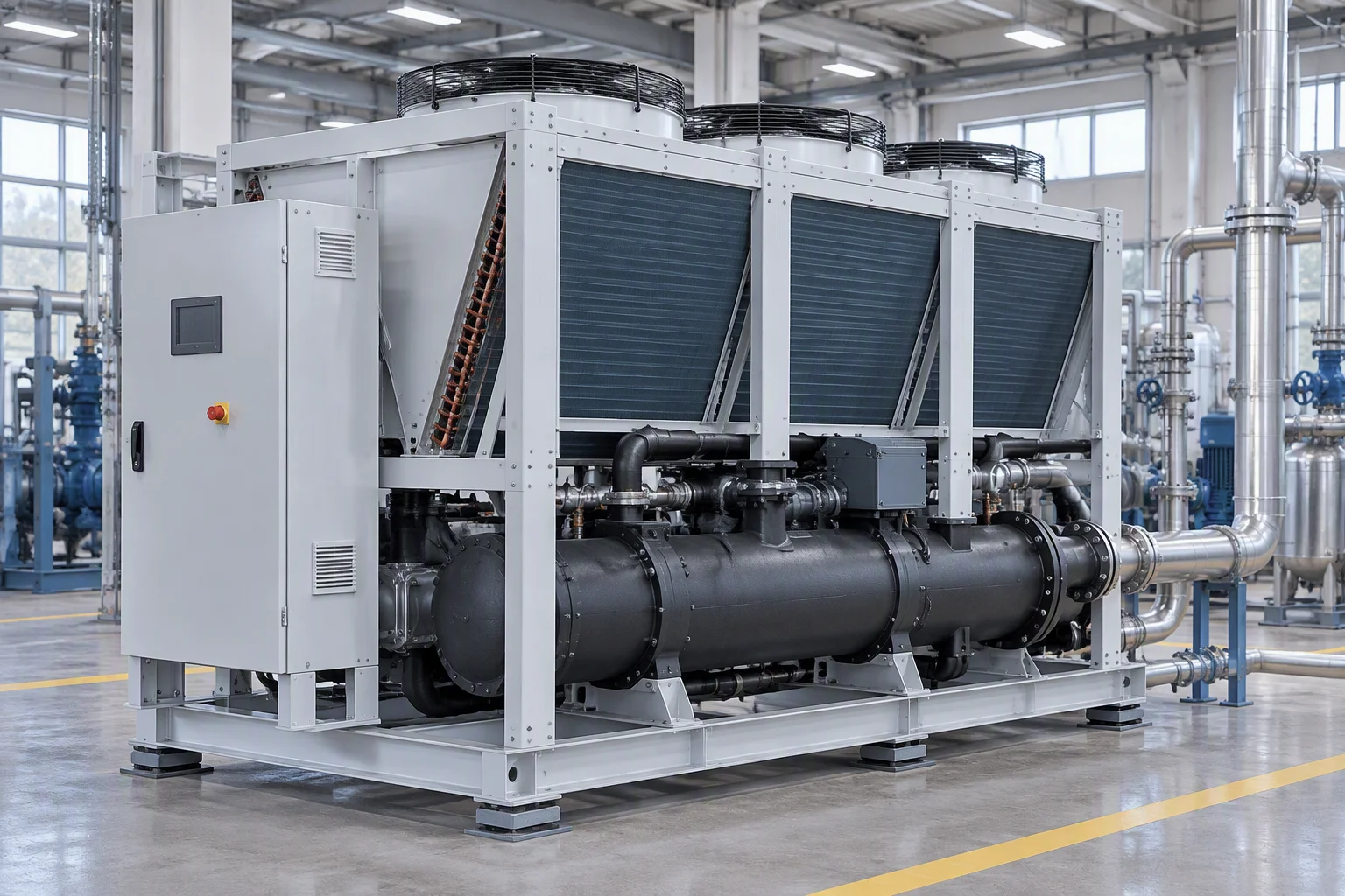 Liquid cooling hall with rows of racks and overhead pipework seen at industry level