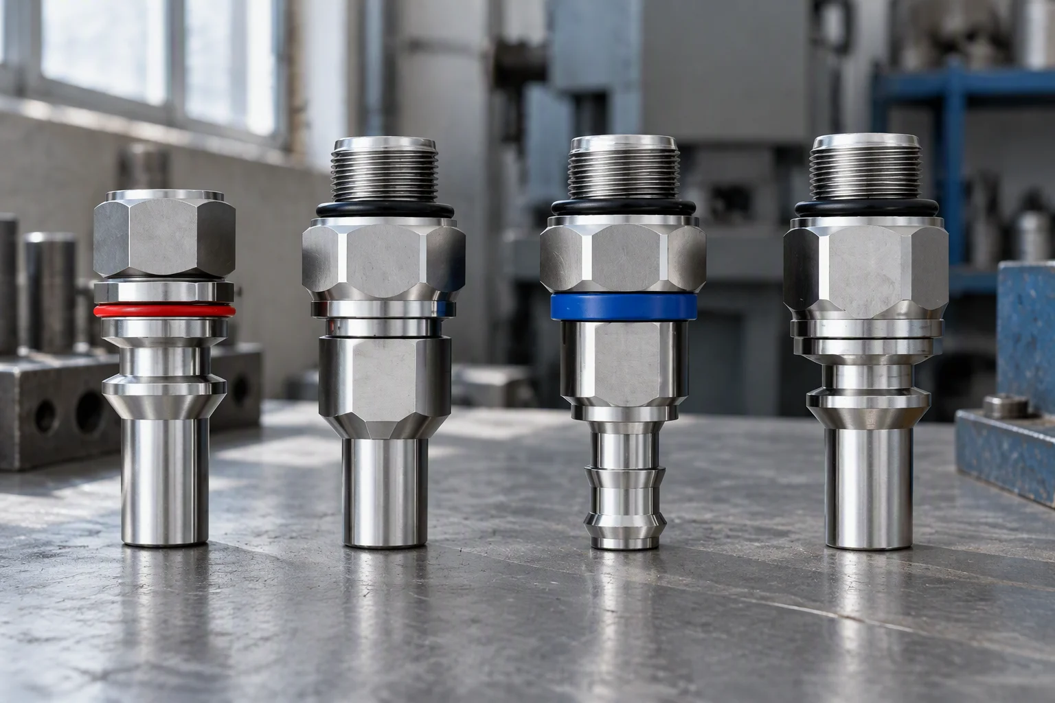 Four stainless quick-disconnect hose fittings standing upright in a row on a bench, shown as a variant lineup