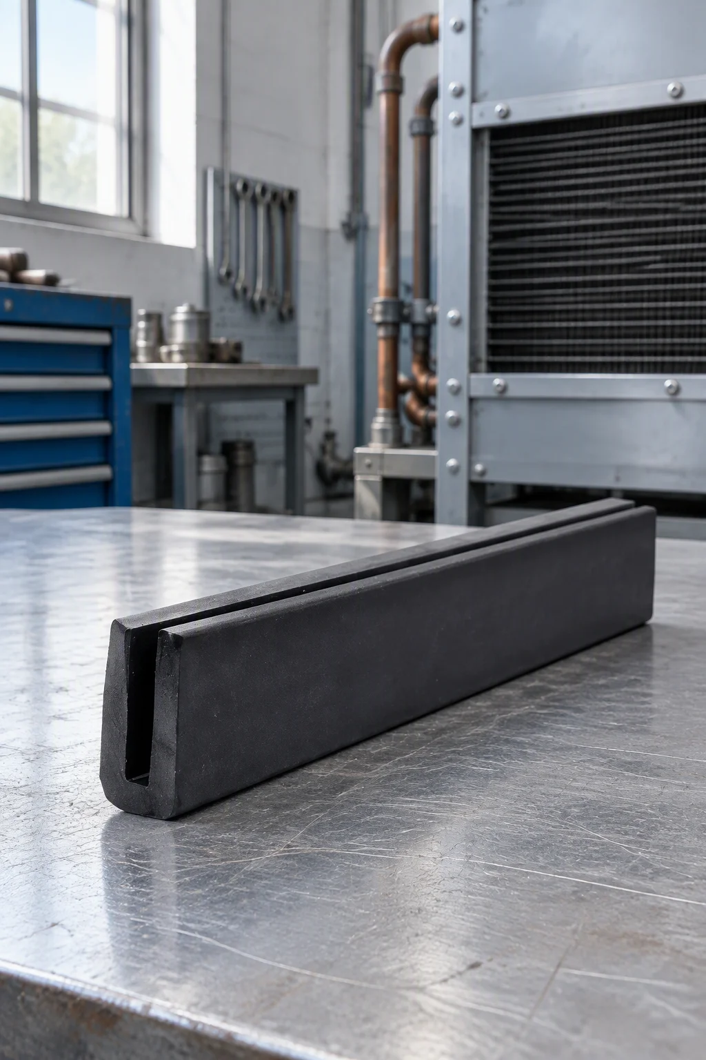 A length of black rubber hose extrusion lying on a bench, its moulded profile visible along the cut end