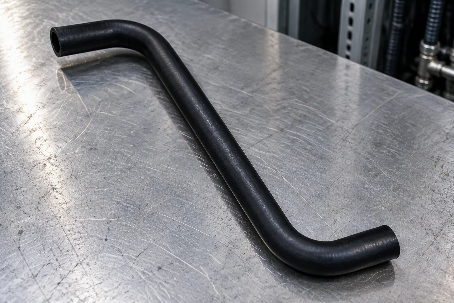 A whole black EPDM hose lying on a bench with both cut ends turned toward the camera, the smooth bore visible but no reinforcement layer exposed