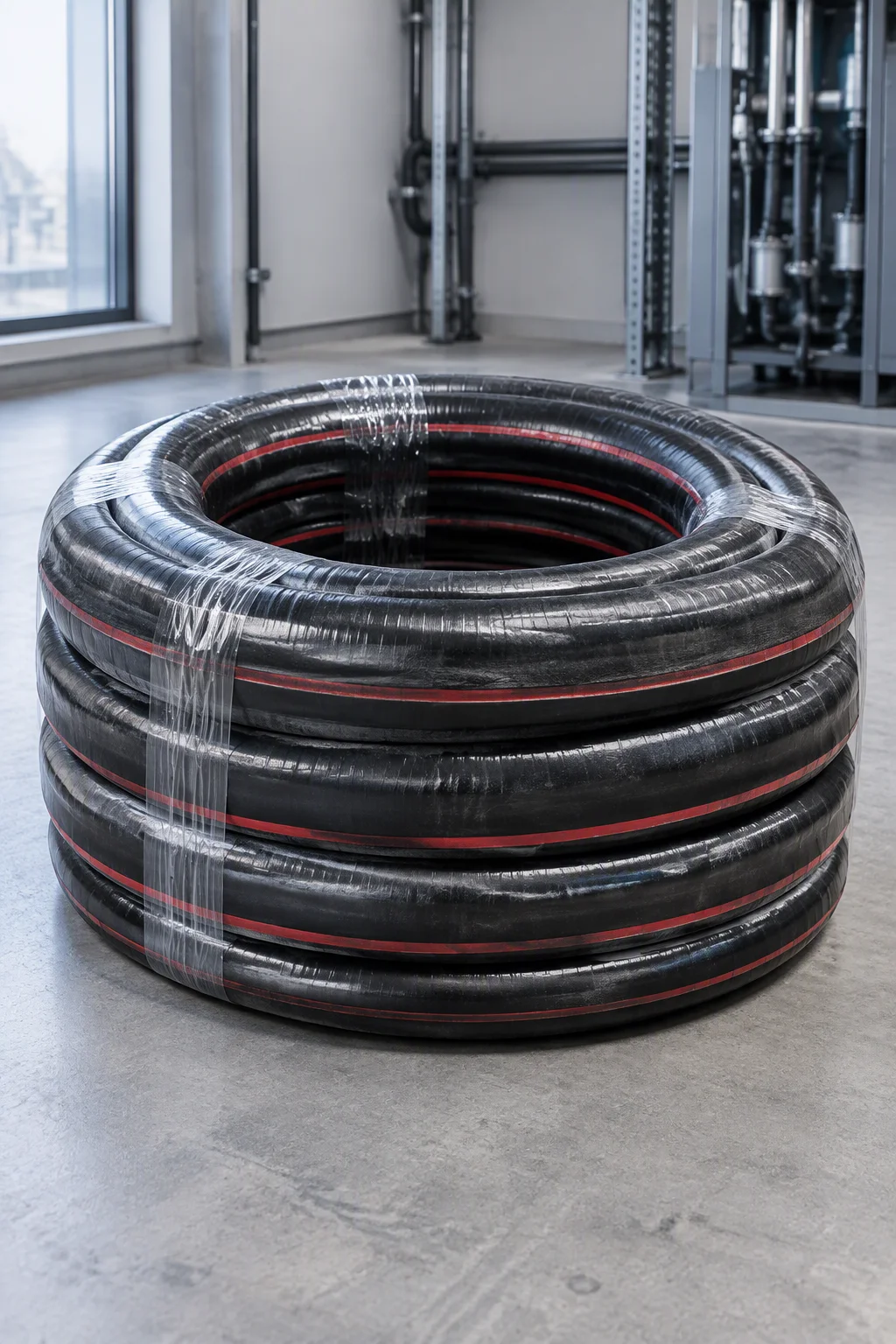 A single stretch-wrapped coil of black EPDM hose standing on a warehouse floor, unlabelled and with racking behind it