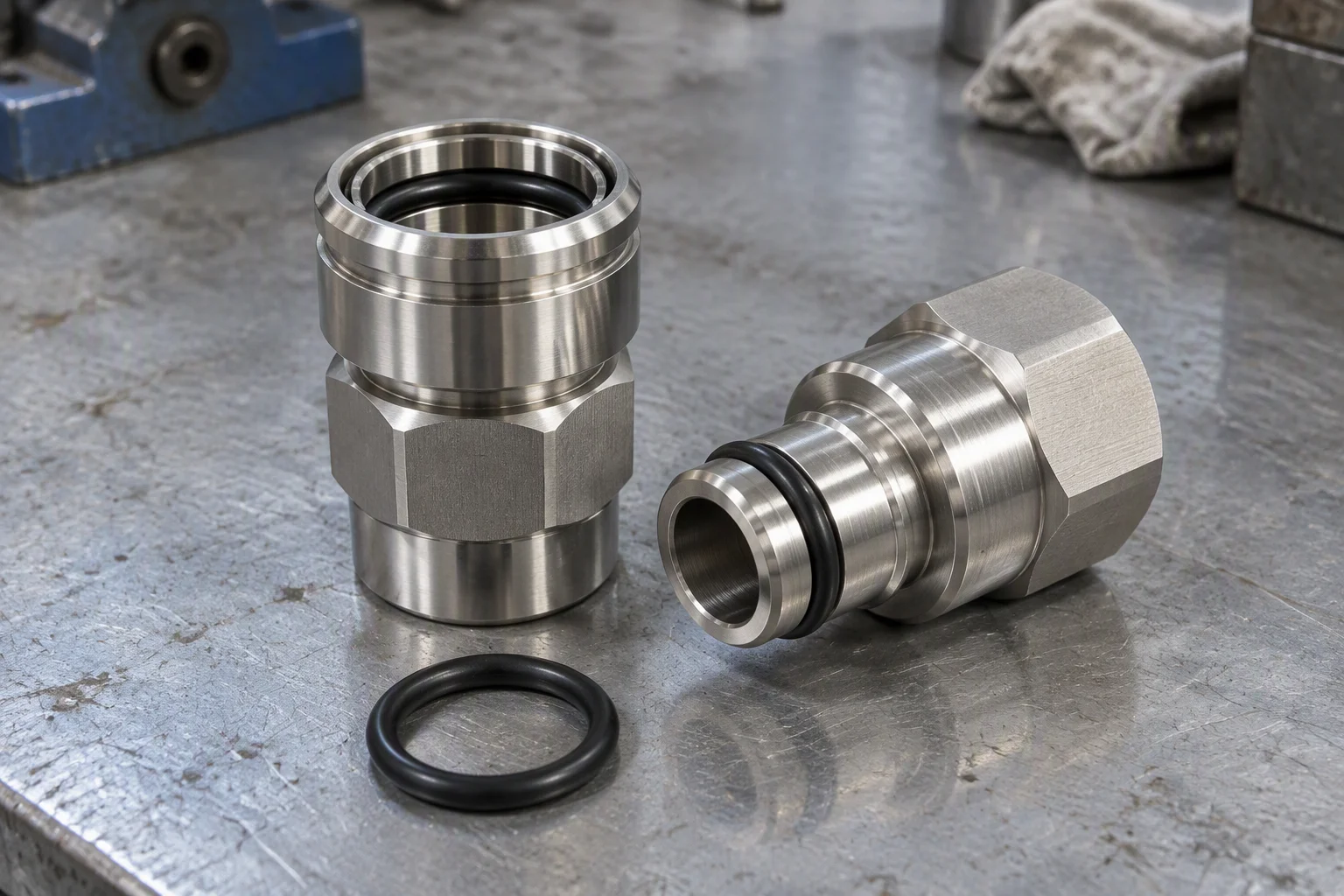 Two plain unbranded stainless quick-disconnect hose couplings resting on a machined steel workbench with a loose black O-ring in front of them
