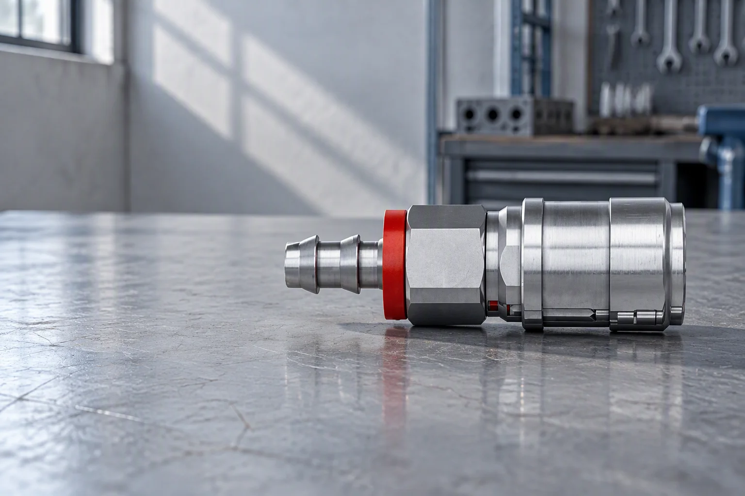 Finished jumper hose bundle with quick-disconnect couplings at both ends on an assembly bench
