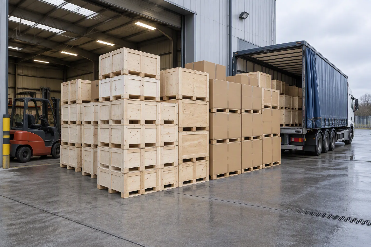 A despatch dock with stacked timber crates and plain cartons on pallets outside a loading bay, a parked forklift and a curtain-sided lorry backed up to the door