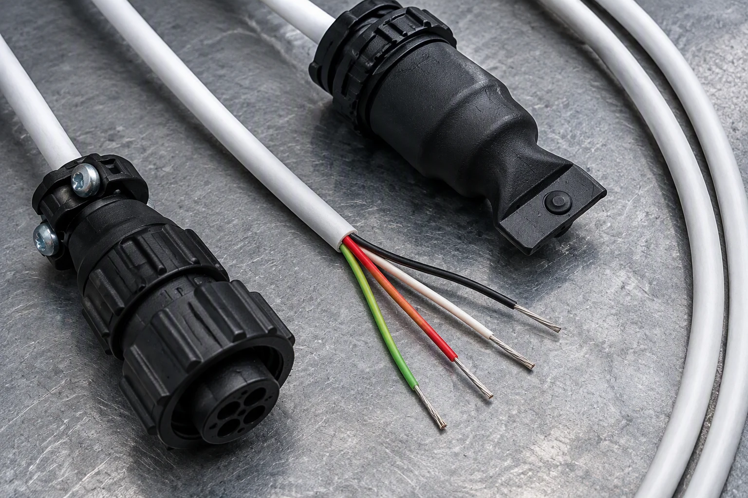 Two circular leak detection cable connectors lying end to end on a bench, their stripped conductors exposed beside them