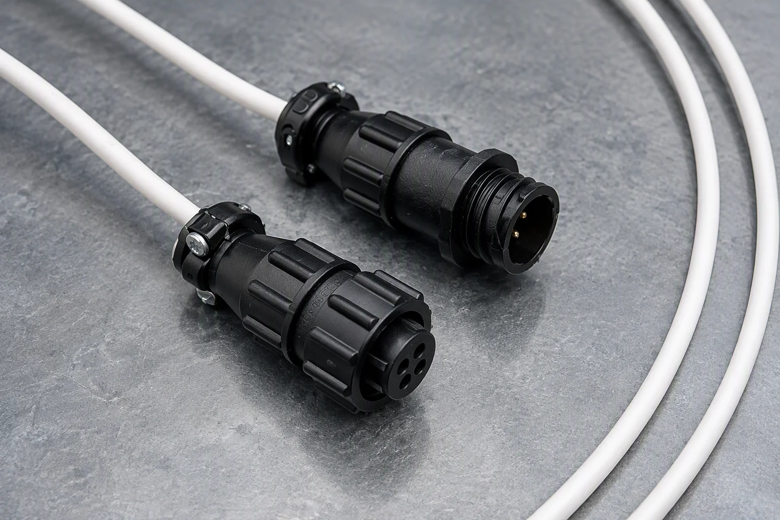 Two moulded leak detection cable connectors joined by a white leader cable, resting on a bench