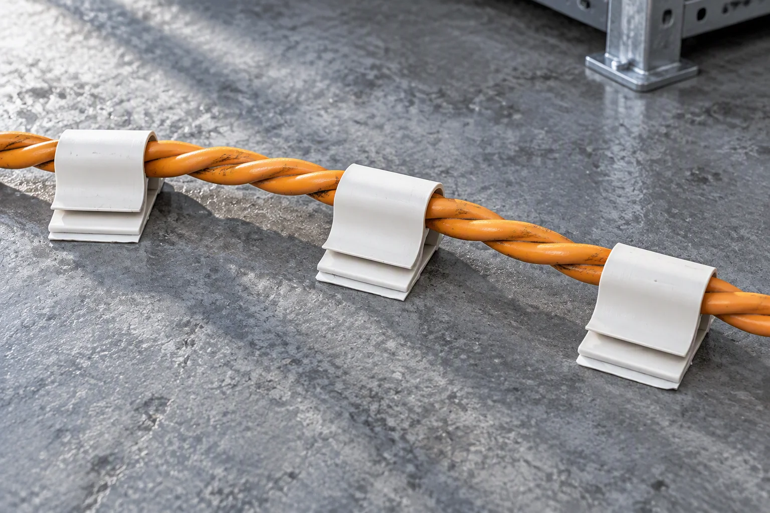 Close-up of securing clips holding a leak detection run at a floor transition, with a caution tag visible in frame