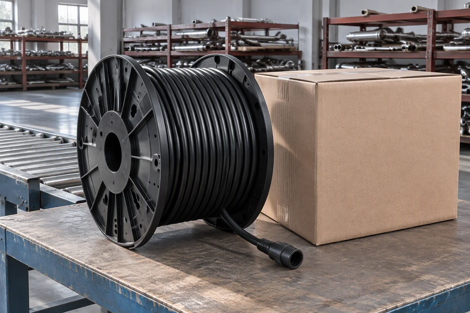 A black cable reel with a moulded connector tail standing on a despatch bench beside a closed plain carton, racking and a roller conveyor behind