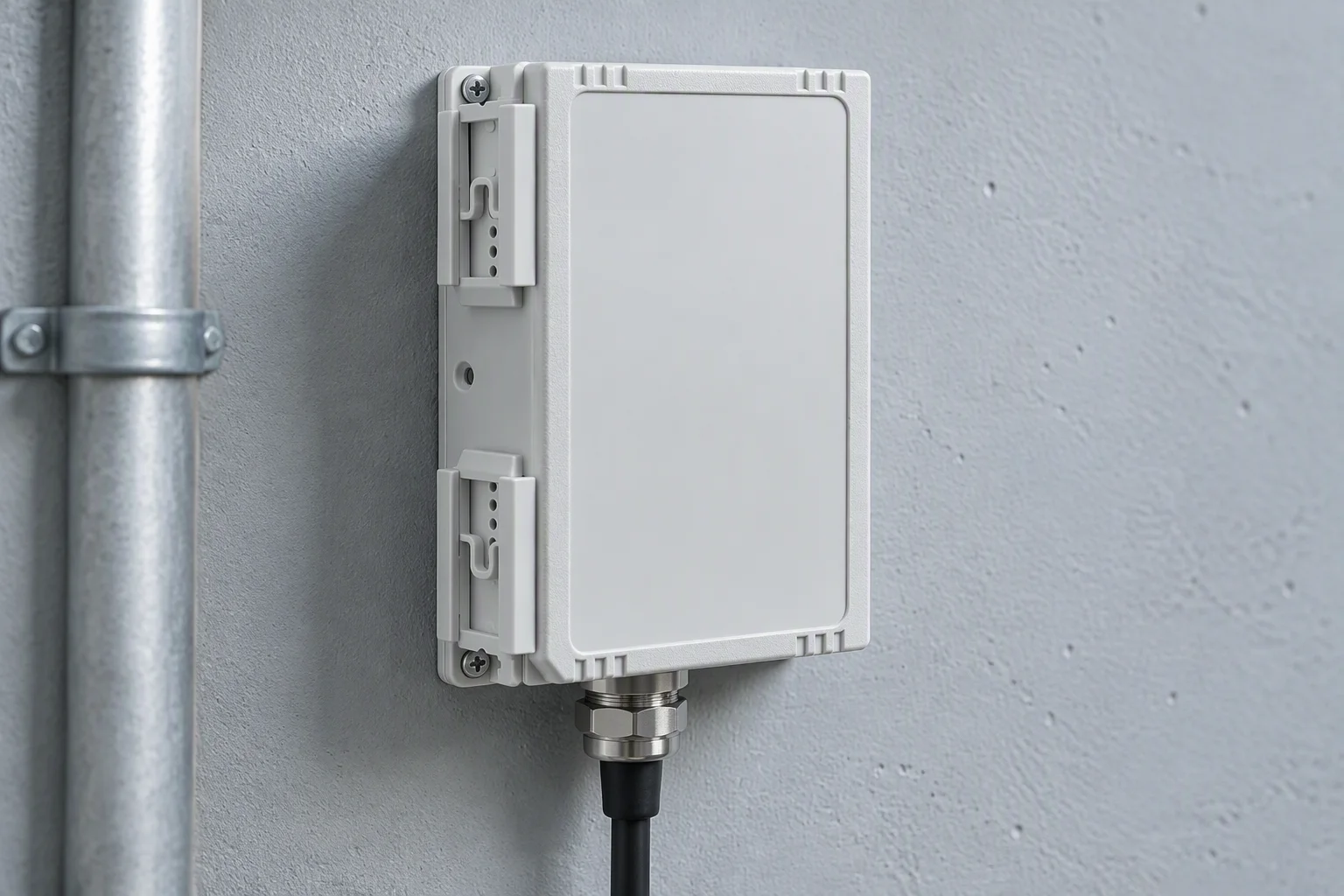 A closed leak detection controller enclosure mounted on a rendered wall with a cable gland at its base and the sensing cable leaving through it
