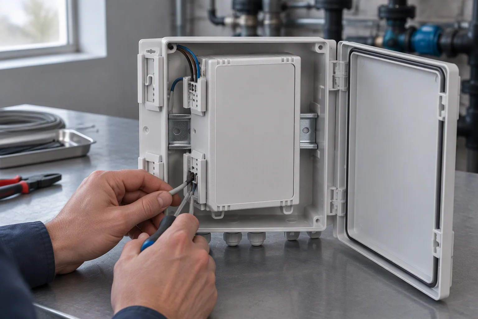 An open leak detection controller enclosure on a bench with its DIN-rail module and terminal blocks exposed, hands landing a wire with a screwdriver