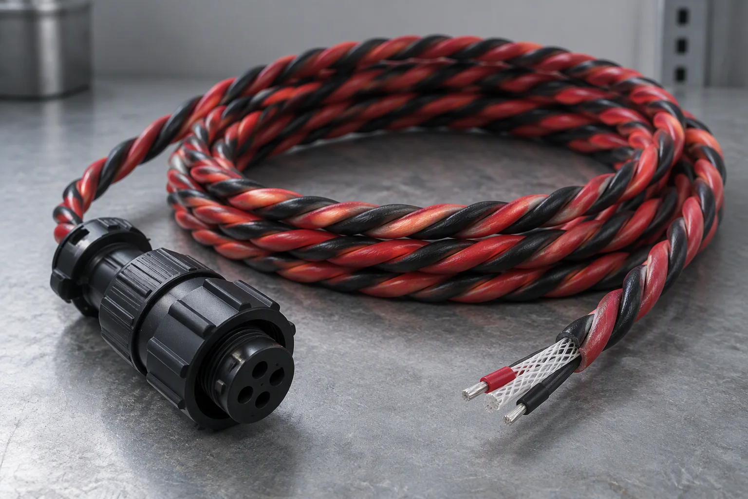 A coiled length of red and black twisted-pair leak detection sensing rope on a stainless bench, with its black twist-lock connector beside it and a cut end showing the inner conductors