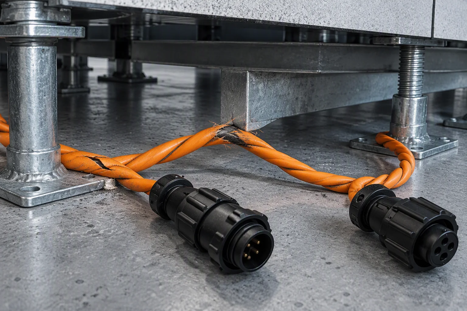A raised floor tile lifted with the leak detection rope passing underneath, the tile edge and the cable both in frame