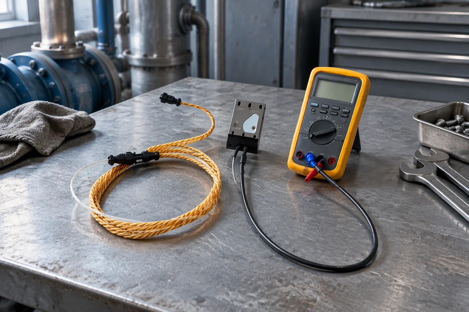 Hands wiping a length of leak detection rope in place under a raised floor during maintenance
