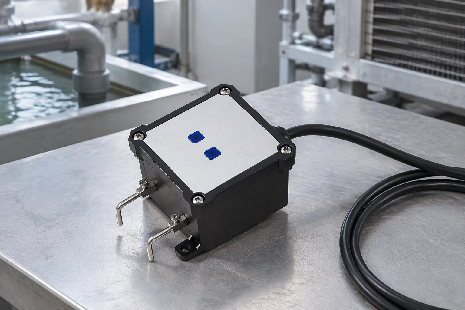 A point leak detection probe enclosure standing on a bench, its faceplate blank and its stainless mounting legs splayed outward